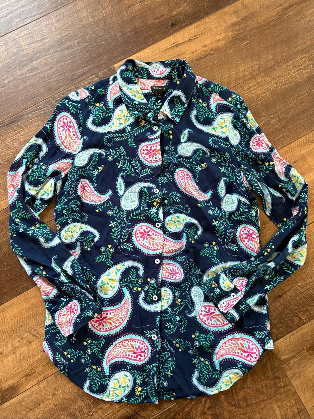 Talbots Women’s Cotton Lightweight Navy Floral Paisley Button-Front Top